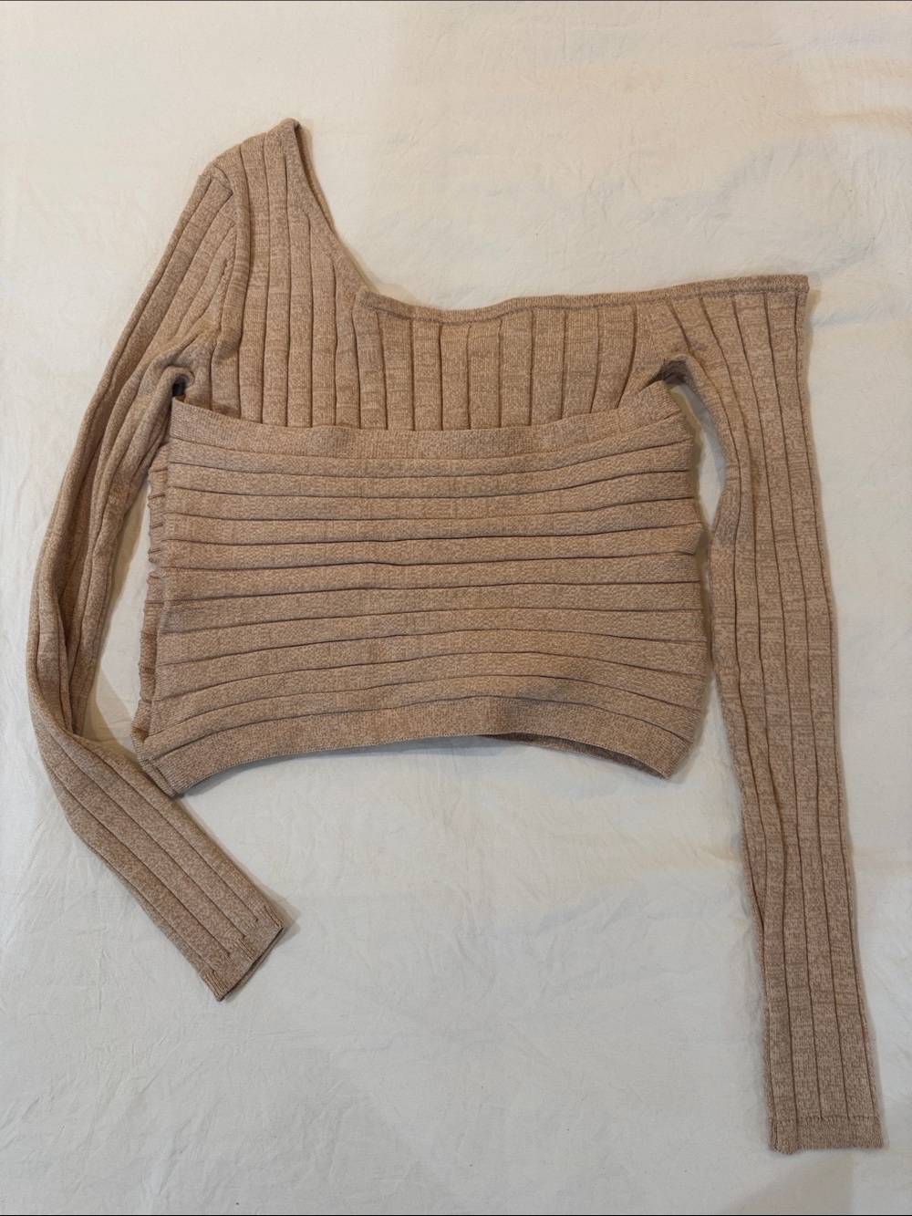 Ronny Kobo Rosette Oatmeal Asymmetrical Wrap Ribbed Knit Crop Top Neutral Date - Picture 8 of 13